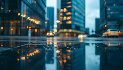 Fototapeta premium Cityscape Reflection: Modern Glass Tower in Rain Puddle at Dusk wet night bokeh urban water