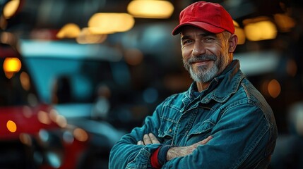 Portrait of a Confident and Smiling Mature Man, a Hardworking Farmer or Worker, Posing with Arms Crossed in Front of Blurred Industrial Background at Dusk.