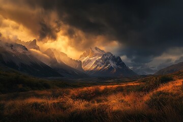 Obraz premium Majestic mountain landscape at sunset with dramatic clouds and vibrant foreground, ideal for nature themes