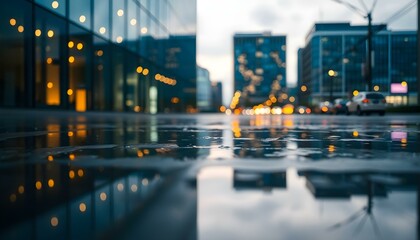 Fototapeta premium City Dusk Reflection: Modern Glass Office Building in Rain Puddle bokeh urban night water 