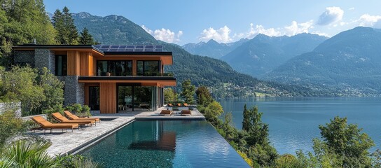Modern lake house, mountain view, infinity pool, luxury escape