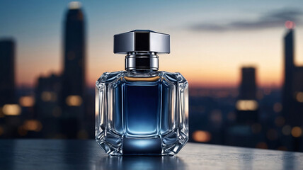Refined glass perfume bottle on a display table surrounded by city lights bokeh showcasing a timeless and sophisticated design perfume commercial advertisement display