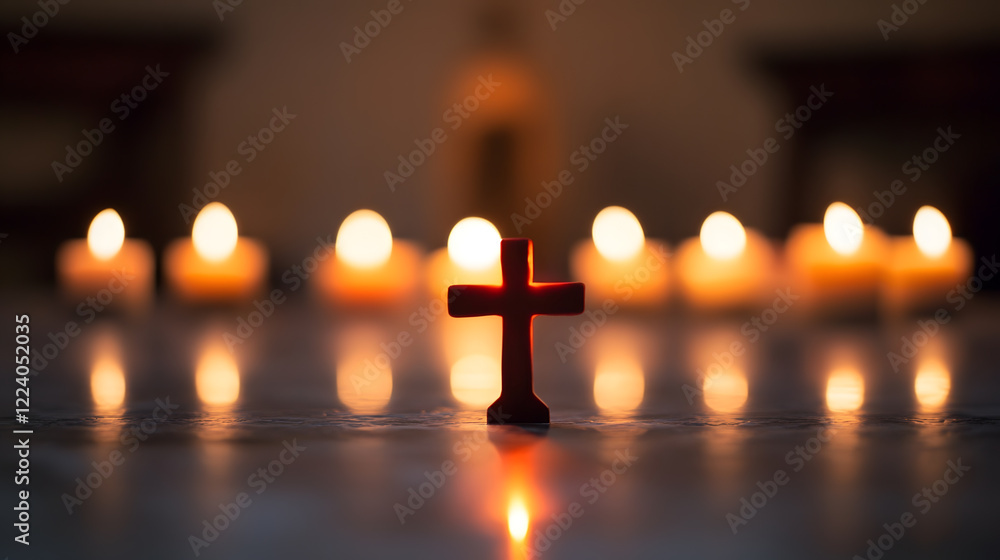 Aufkleber serene candlelit cross silhouette with blurred background bokeh for spiritual reflection : generativ