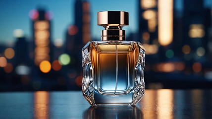 Refined glass perfume bottle with minimalist design on display table surrounded by bokeh lights of contemporary urban design perfume commercial advertisement display