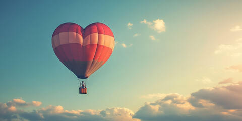 Fototapeta premium Hot Air Balloon Flying with a Heart-Shaped Balloon in the Sky