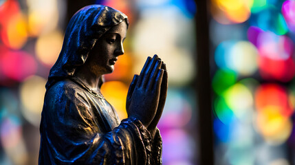 Obraz premium Prayerful Woman Statue with Colorful Stained Glass Background Christian Devotion Imagery : Generative AI
