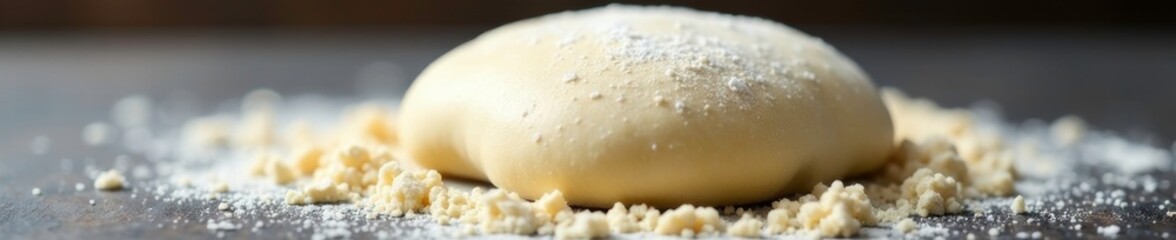 Soft wheat dough rests on a dusty flour surface, wheat, gray