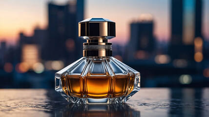 Simple glass perfume bottle on display table against soft bokeh city lights highlighting its modern luxurious and minimalist design perfume commercial advertisement display