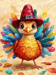Naklejka premium Colorful Turkey Chick Autumn Hat Festive Fall Greeting Card