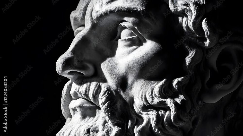 Poster closeup of classical marble sculpture of ancient philosopher in dramatic lighting : generative ai