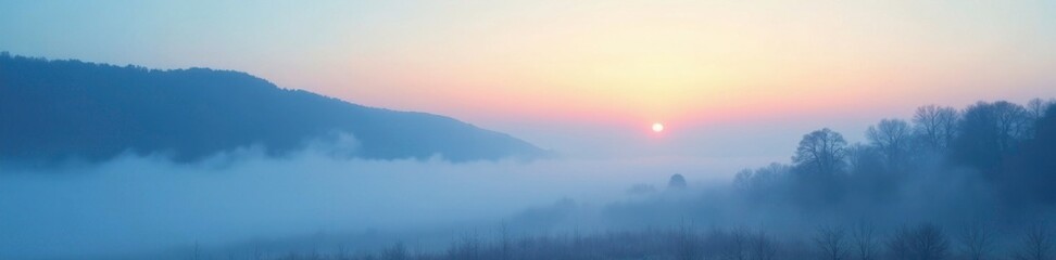 Soft whisper of sky blue fog lifts on a serene landscape, misty, peaceful, dawn
