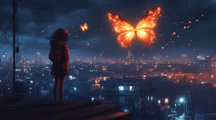 Fototapeta premium Enchanted Night: A Young Girl Gazes at a Magical Cityscape Filled with Glowing Butterflies Under a Starry Sky, Evoking Wonder and Imagination