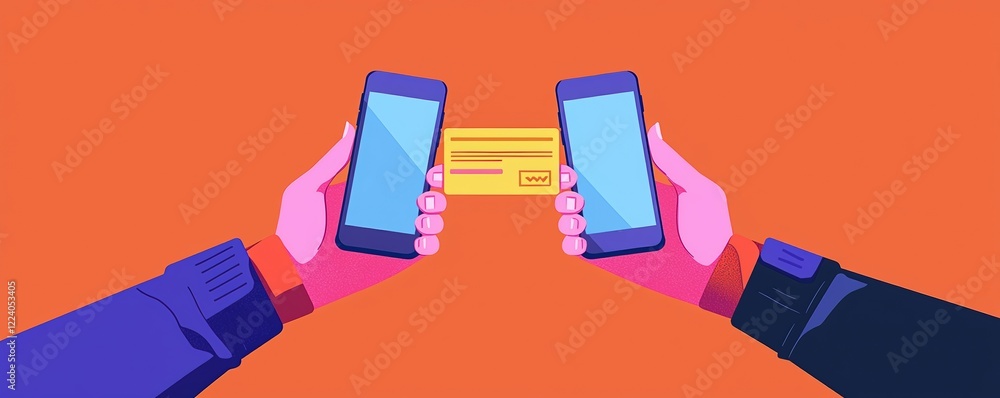Poster mobile payments concepts. two hands exchanging a card between two smartphones on a vibrant backgroun