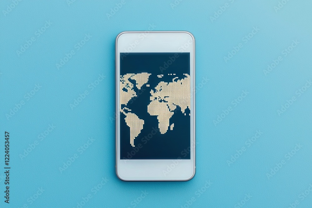 Poster mobile payments concepts. smartphone displaying a world map on a blue background.