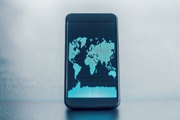 Mobile Payments Concepts. Smartphone displaying a digital world map and audio visualization.