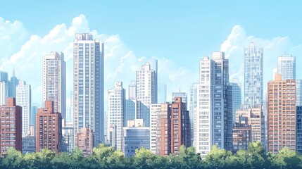 Fototapeta premium Panoramic view of a contemporary urban skyline, capturing skyscrapers and upscale apartment complexes