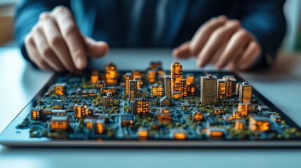 Obraz premium Man planning city on tablet, night