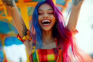 Obraz premium Commercial ad campaign idea. Long coiffure - multicolored hair. Lovely happy black girl - for ads, flyer and social media use. Stylish african glamour portraits. Chic african american models.