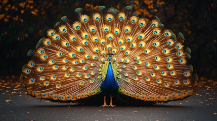 Peacock displaying feathers, autumn leaves background, wildlife photography, nature