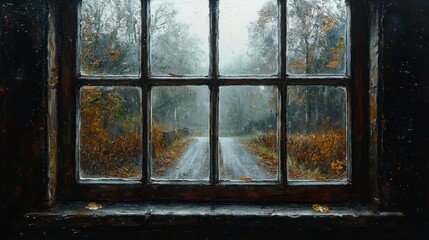 Rainy autumn road seen through old window
