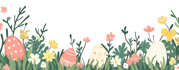 PNG Easter eggs on green grass and flowers border easter easter eggs decorative.