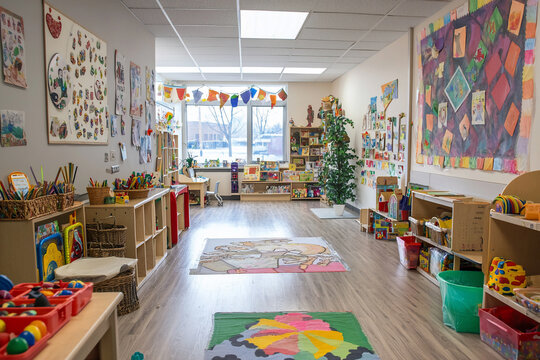 Bright and colorful preschool classroom filled with educational materials and playful decorations