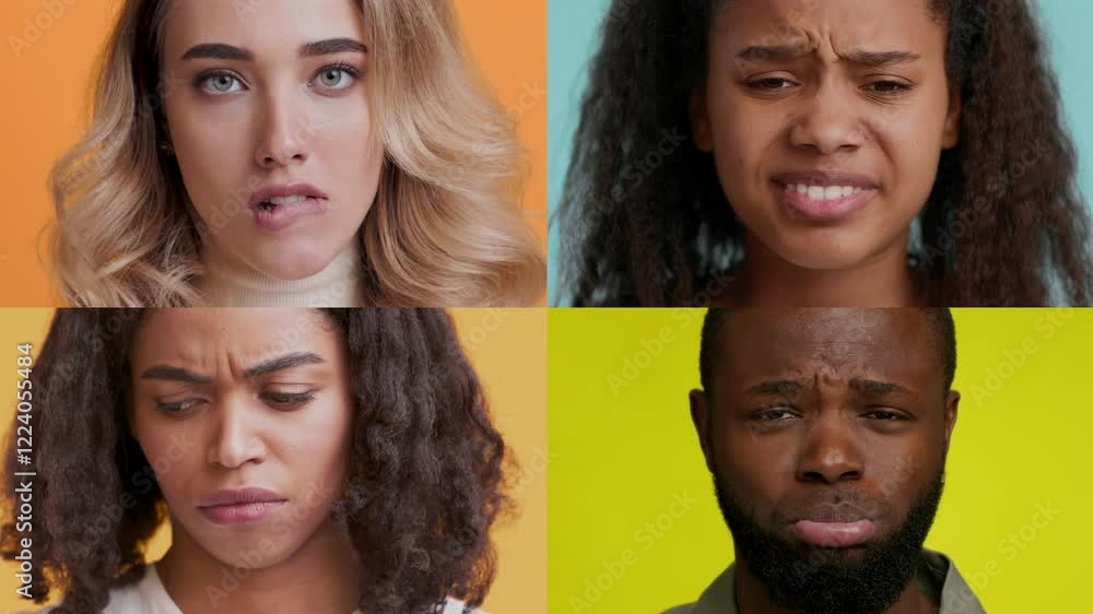 Poster four individuals showcase distinct emotions against vibrant backgrounds. their varied expressions hi