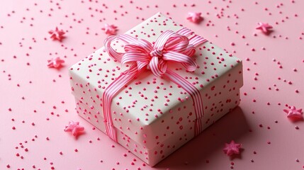 Obraz premium Pink gift box with ribbon, sprinkles, stars; celebration background
