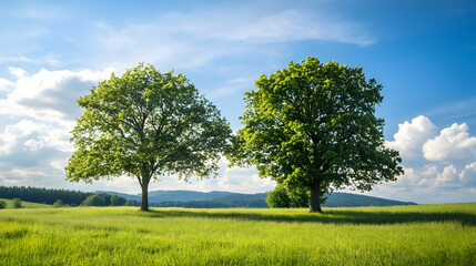 Obraz premium Twin Oak Trees in Vibrant Green Field Under Blue Sky : Generative AI