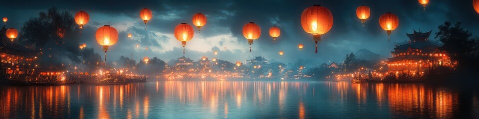 Obraz premium Enchanted Asian Water Village at Night