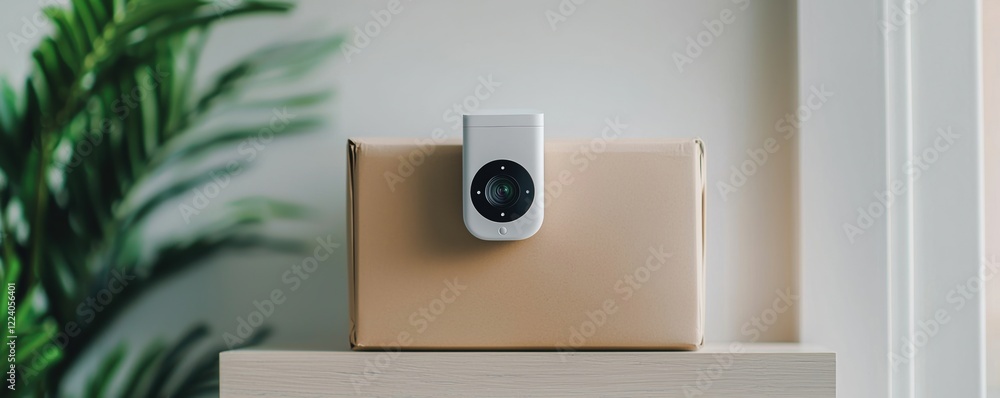 Poster smart home devices concepts. smart home device on a package with greenery in the background.