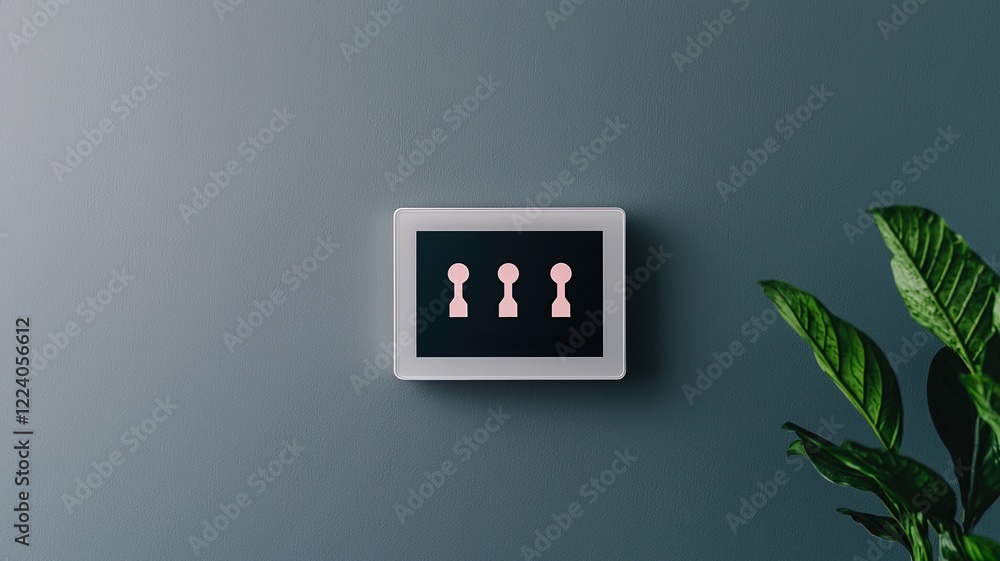 Poster smart home devices concepts. modern switch plate with three keyholes on a textured wall.