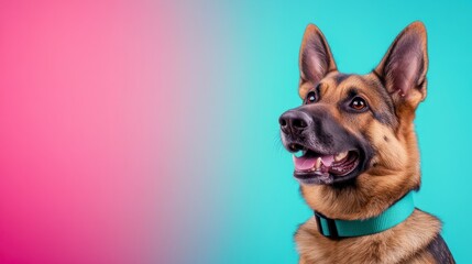 Obraz premium Happy German Shepherd Dog with Vibrant Pink and Turquoise Background