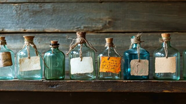 Antique Glass Bottles with Cork Stoppers and Vintage Labels on Wooden Shelf