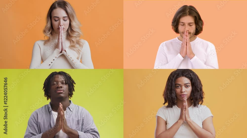 Poster a collection of four individuals showcasing different emotions and gestures against brightly colored