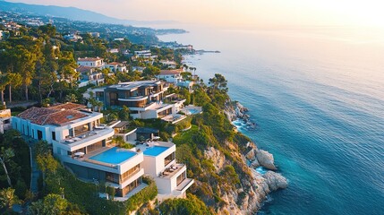 Aerial view of a luxury real estate development by the coast, with ocean views and modern homes