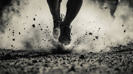 Feet of leading runners kicking up dust on dirt track, showcasing motion and energy