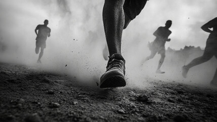 Feet of leading runners kicking up dust during race in motion
