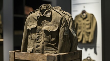 Vintage Military Jacket Displayed in Wooden Crate