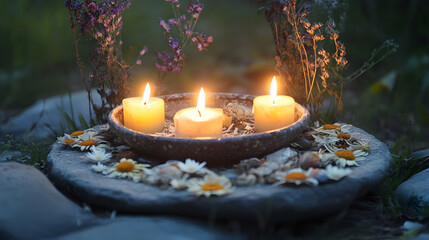 Serene Candlelit Arrangement Surrounded by Flowers for Tranquil Evening Ambiance : Generative AI