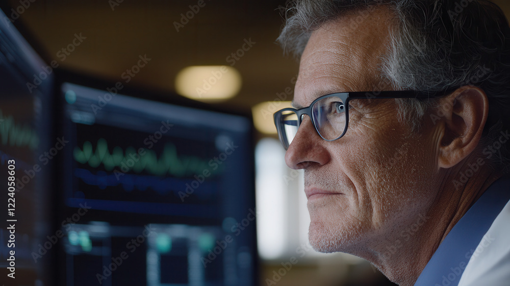Aufkleber focused man analyzing data on advanced computer screens in modern office