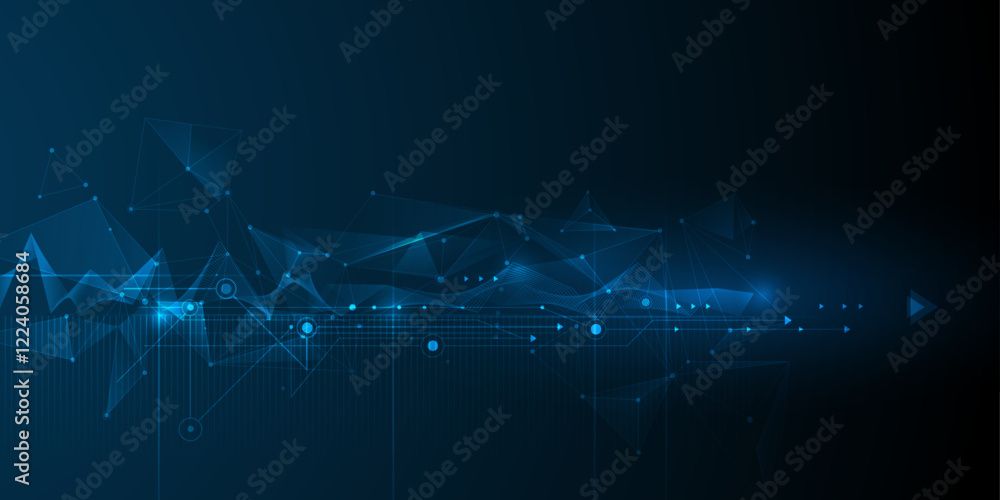 Aufkleber Vector illustration abstract technology with molecule, Flowing dot particle wave flow line, wireframe and dot on blue background. Datum technology network, science, artificial intelligence concept