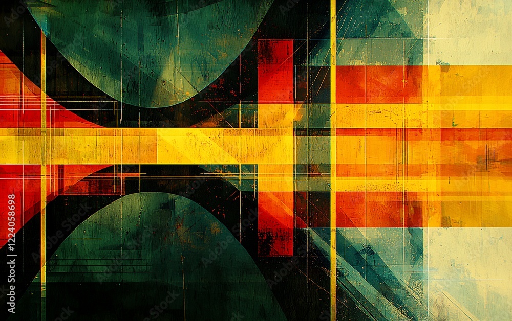 Poster abstract geometric art with warm and cool tones, textured layers, and intersecting shapes.