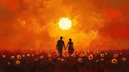 Couple walking sunset sunflower field romance art