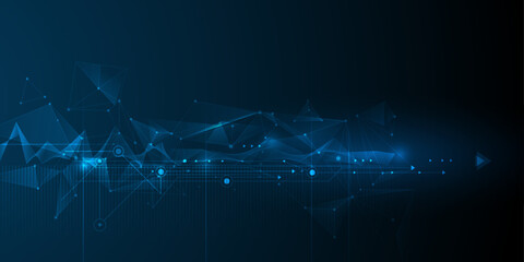 Vector illustration abstract technology with molecule, Flowing dot particle wave flow line, wireframe and dot on blue background. Datum technology network, science, artificial intelligence concept