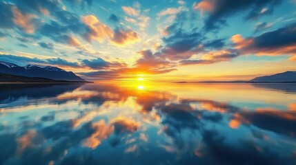 Fototapeta premium A peaceful sunrise over the Westfjords road, reflecting on the calm waters of the fjords.