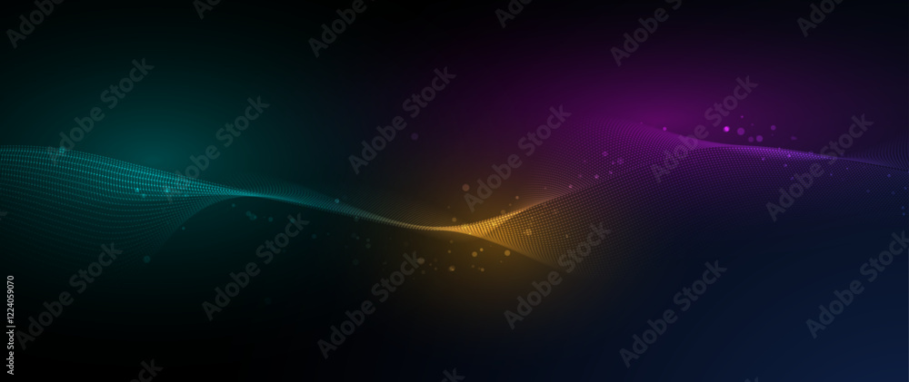 Leinwandbilder vector abstract flowing wave line, particle dot pattern, neon light on dark blue gradient background