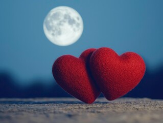 Fototapeta premium Two red hearts create a romantic scene against a backdrop of a bright full moon, evoking love and tranquility.