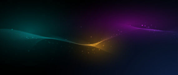 Vector Abstract flowing wave line, particle dot pattern, neon light on dark blue gradient background. Modern futuristic design, particles wave data for background. Network, science, technology concept