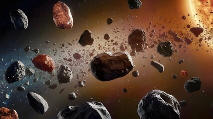 A collection of various rocks is soaring through the vastness of space